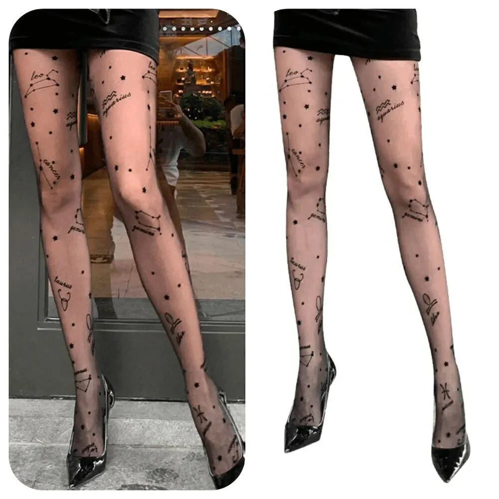 ⭐ Astrology Zodiac Constellations Celestial Print Black Sheer Nylon Tights NEW